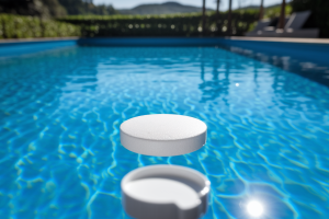 piscine-eau-bleue-tablette-chlore-verdure