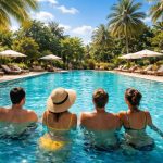 piscine-bleu-personnes-vegetation-chaises-longues