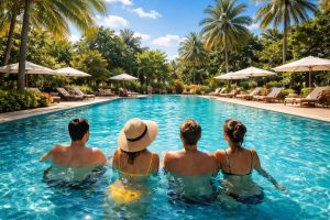 piscine-bleu-personnes-vegetation-chaises-longues