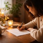 personne-table-ecrivant-lettre-plantes