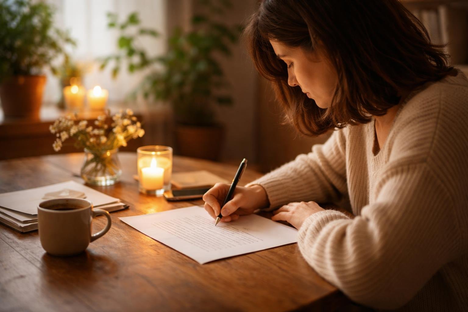 personne-table-ecrivant-lettre-plantes