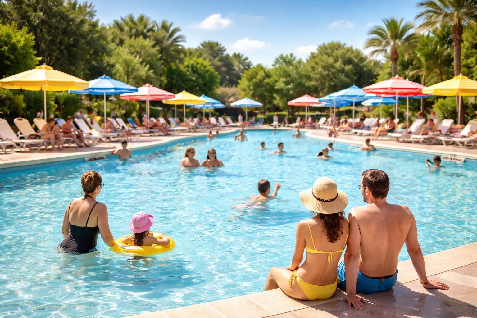 piscine-exterieure-chaises-parasols-familles