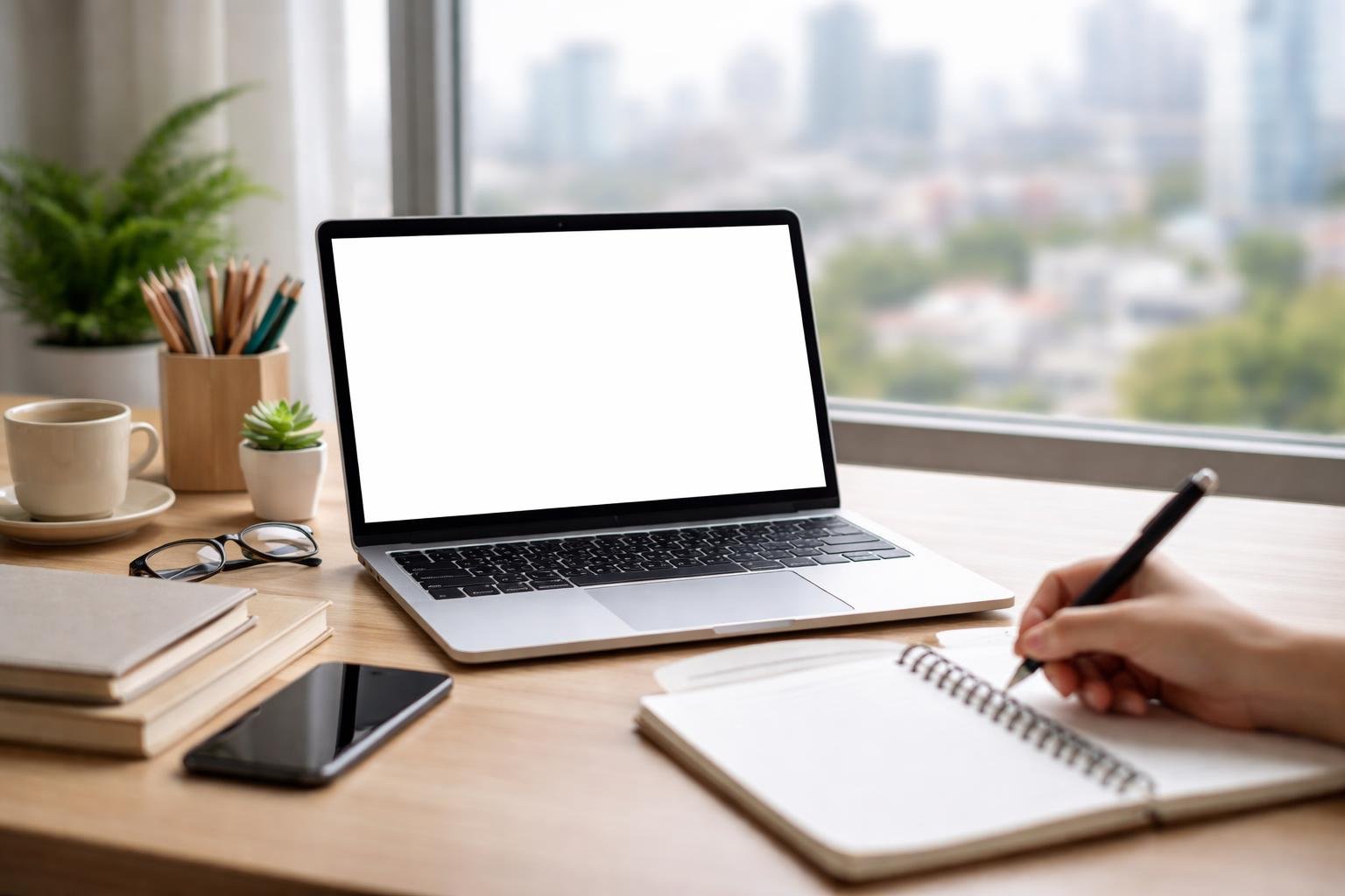 bureau-range-ordinateur-carnet-fenetre-ville