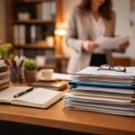 bureau-ordonne-dossiers-documents-éclairage-chaleureux