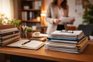 bureau-ordonne-dossiers-documents-éclairage-chaleureux