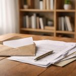 table-bois-enveloppe-documents-stylo