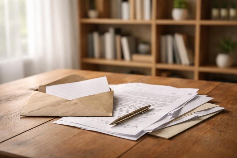 table-bois-enveloppe-documents-stylo