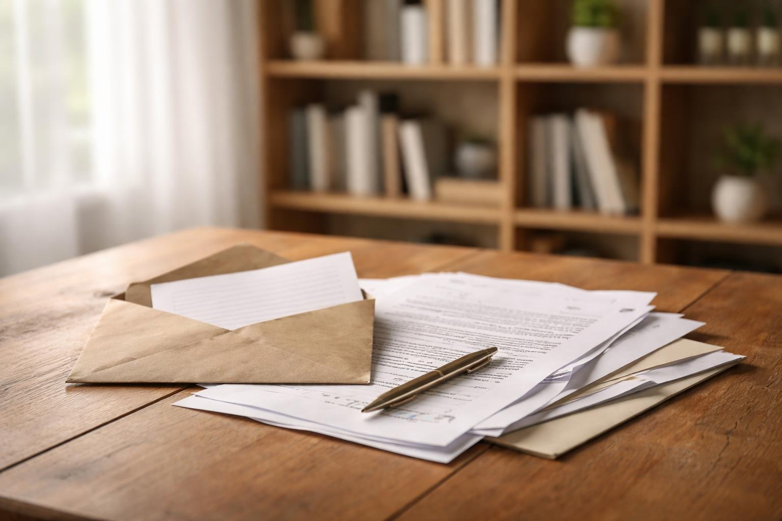 table-bois-enveloppe-documents-stylo