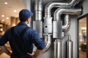 personne-examine-systeme-ventilation-acier