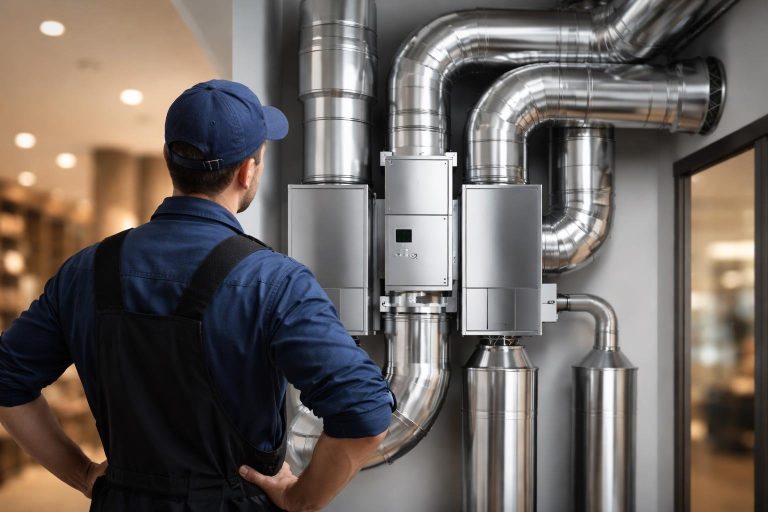 personne-examine-systeme-ventilation-acier