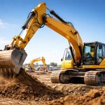 pelleteuse-jaune-chantier-ciel-bleu
