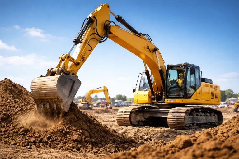 pelleteuse-jaune-chantier-ciel-bleu