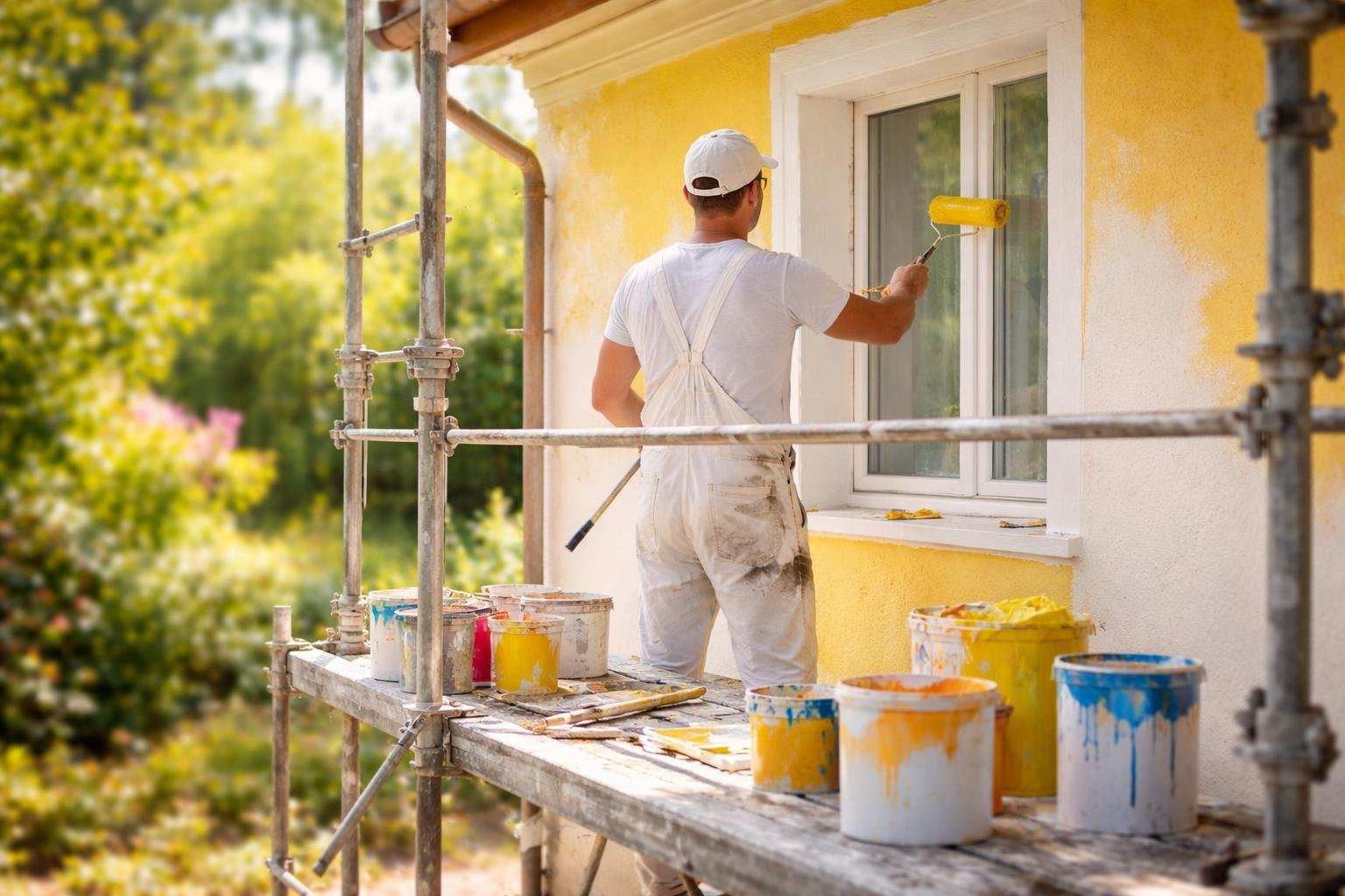artisan-peintre-echafaudage-soleil-pots-peinture